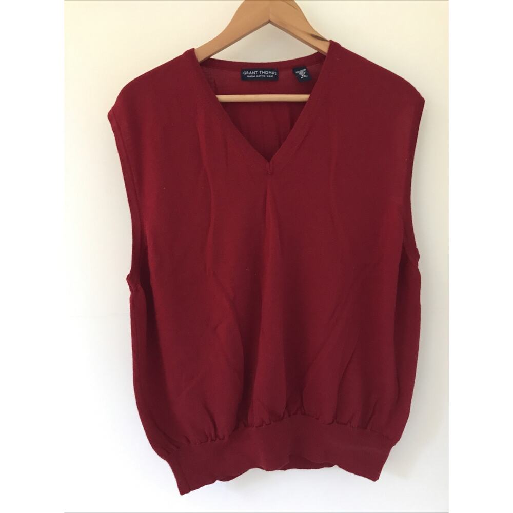 Grant Thomas Red Italian Merino Wool Pullover V-Neck Mens Sweater Vest L-XL 46"